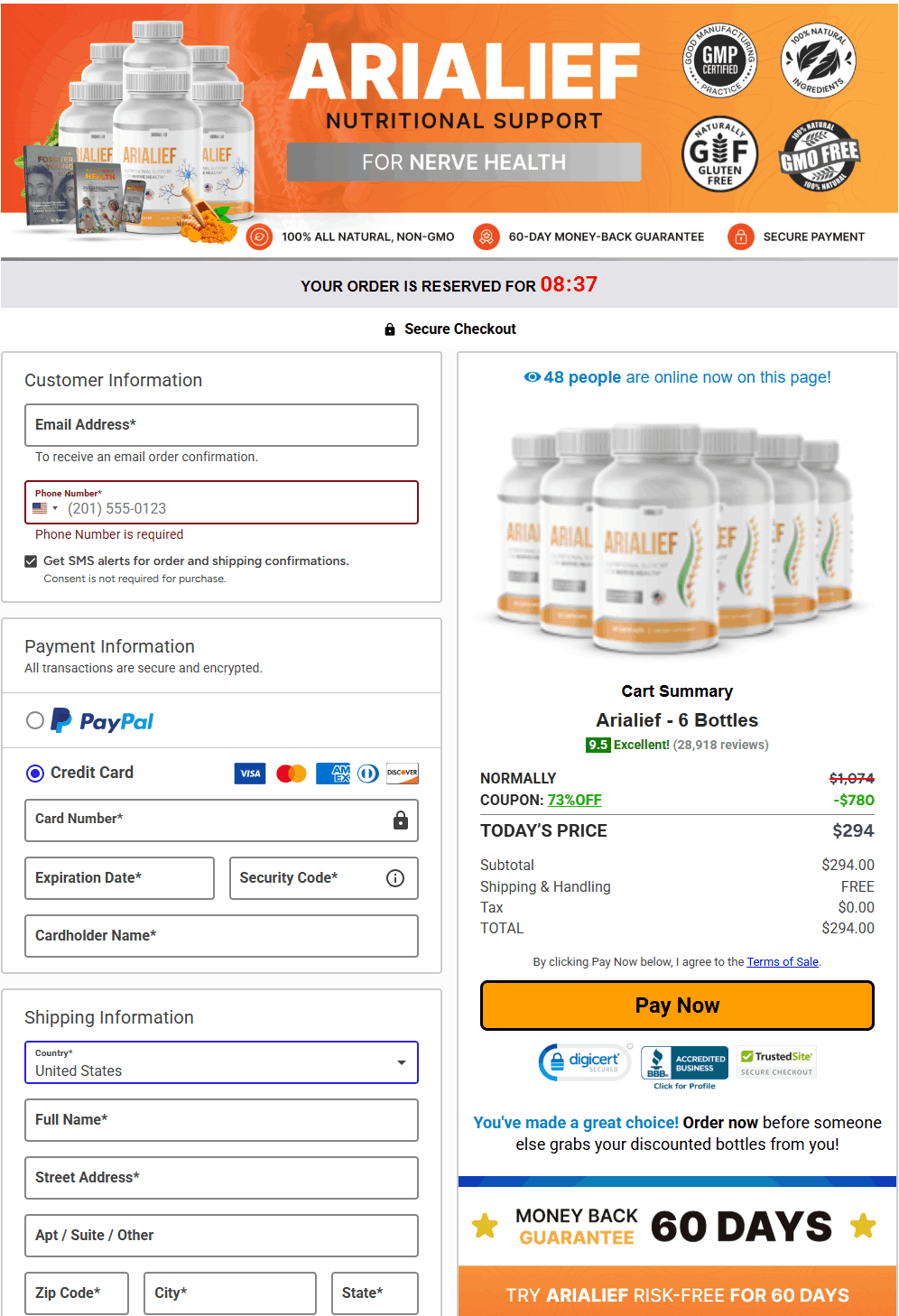 Secure Arialief checkout page for placing your order